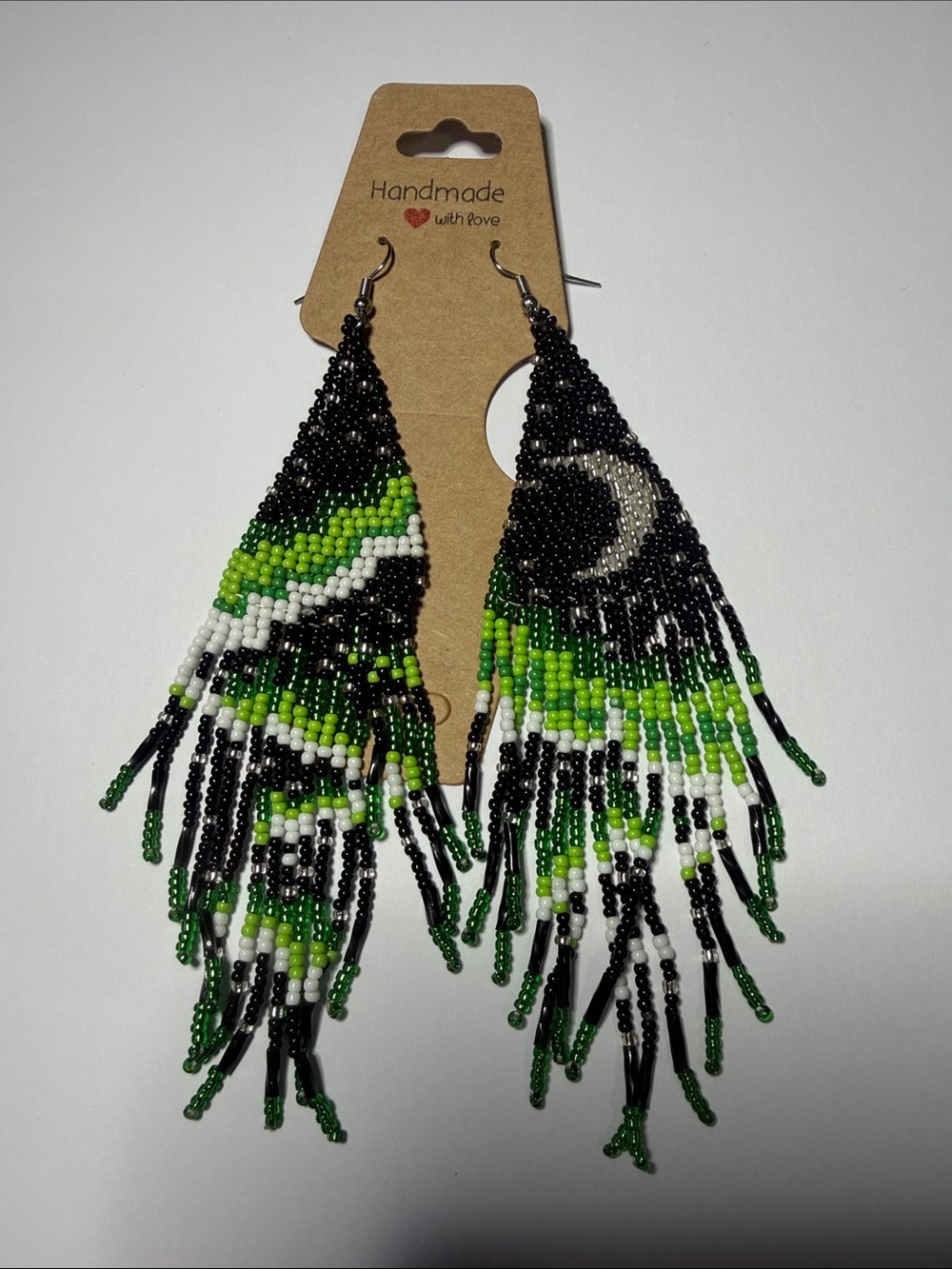 Handmade Black, Green & White Beaded Fringe Earrings